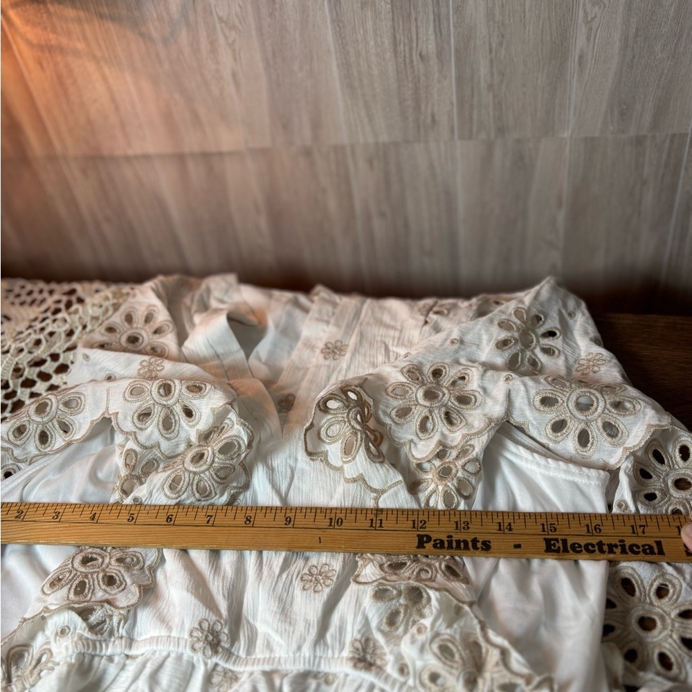 Cato White Eyelet Embroidered Peasant Tunic with Beige Accents - Picture 8 of 11